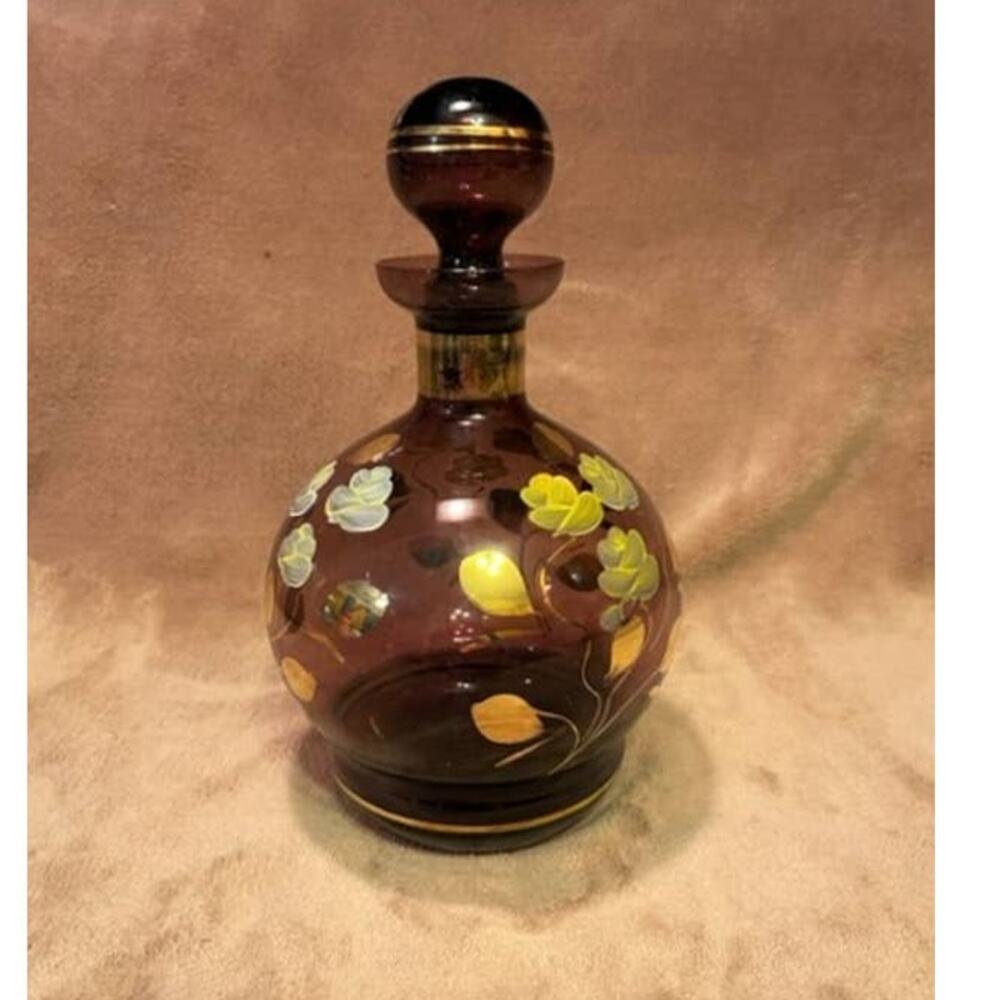 Vintage Murano, Handblown, Handpainted, Plum Glass Decanter w/ Stopper